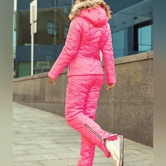 Chalet Puffer coordinate set snow ski jacket & high waisted pants pink red black - Picture 11 of 16